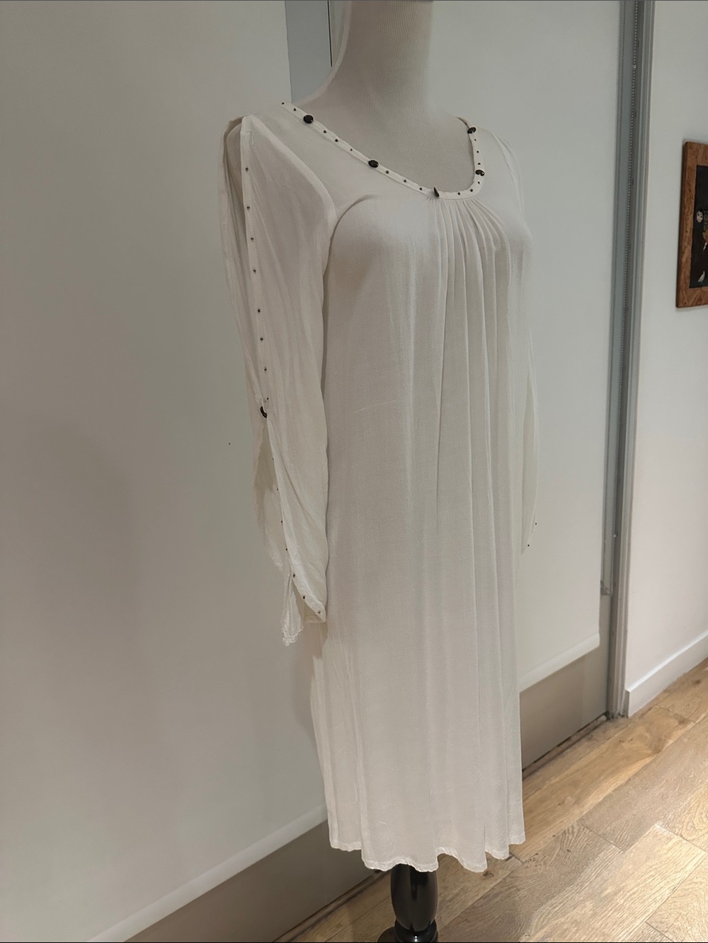 Ivory Boho Embellished Sheer-Sleeve Flowy Midi Dress